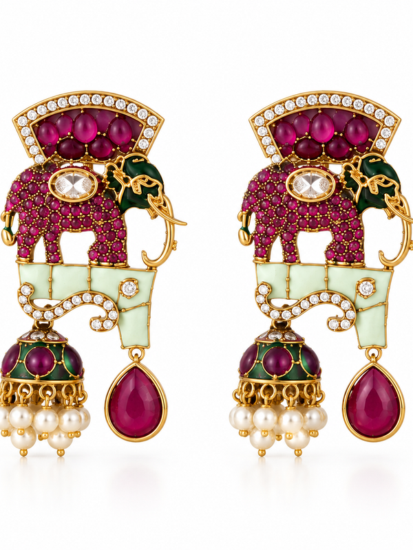 Gajraaj Emerald & Ruby Elephant Necklace Set