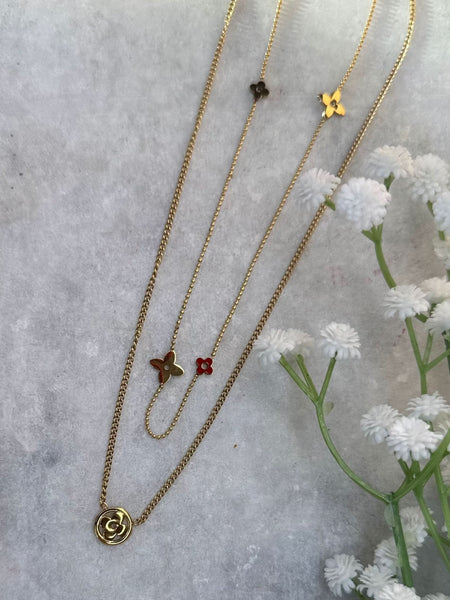 Gold Double Layer Floral Charm Necklace
