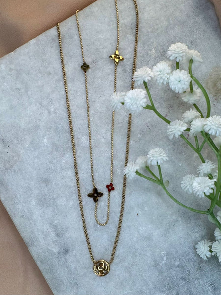 Gold Double Layer Floral Charm Necklace