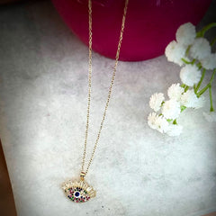 Evil Eye Pendant Necklace – Gold Polished, Adjustable Chain, Colourful Stones | Protection Jewelry