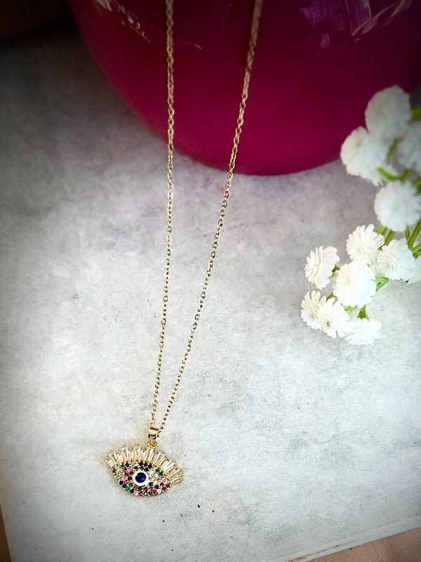 Evil Eye Pendant Necklace – Gold Polished, Adjustable Chain, Colourful Stones | Protection Jewelry