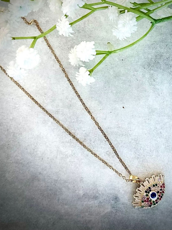 Evil Eye Pendant Necklace – Gold Polished, Adjustable Chain, Colourful Stones | Protection Jewelry