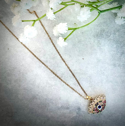 Evil Eye Pendant Necklace – Gold Polished, Adjustable Chain, Colourful Stones | Protection Jewelry