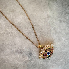 Evil Eye Pendant Necklace – Gold Polished, Adjustable Chain, Colourful Stones | Protection Jewelry