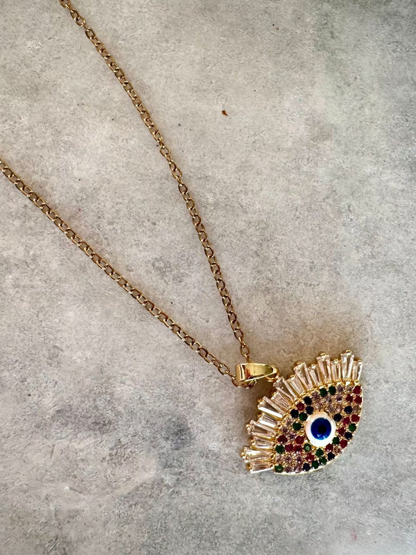 Evil Eye Pendant Necklace – Gold Polished, Adjustable Chain, Colourful Stones | Protection Jewelry