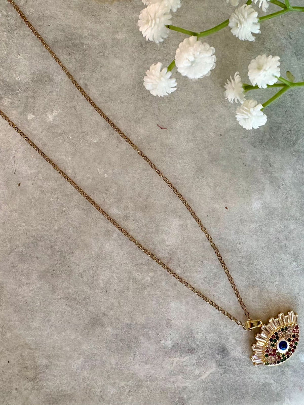 Evil Eye Pendant Necklace – Gold Polished, Adjustable Chain, Colourful Stones | Protection Jewelry