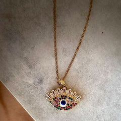 Evil Eye Pendant Necklace – Gold Polished, Adjustable Chain, Colourful Stones | Protection Jewelry