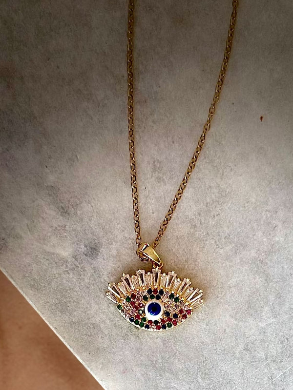 Evil Eye Pendant Necklace – Gold Polished, Adjustable Chain, Colourful Stones | Protection Jewelry