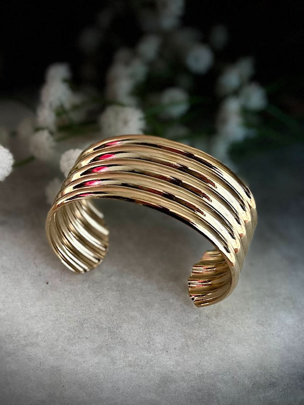 Gold Ribbed Cuff Bracelet – Bold Multi-Band Design