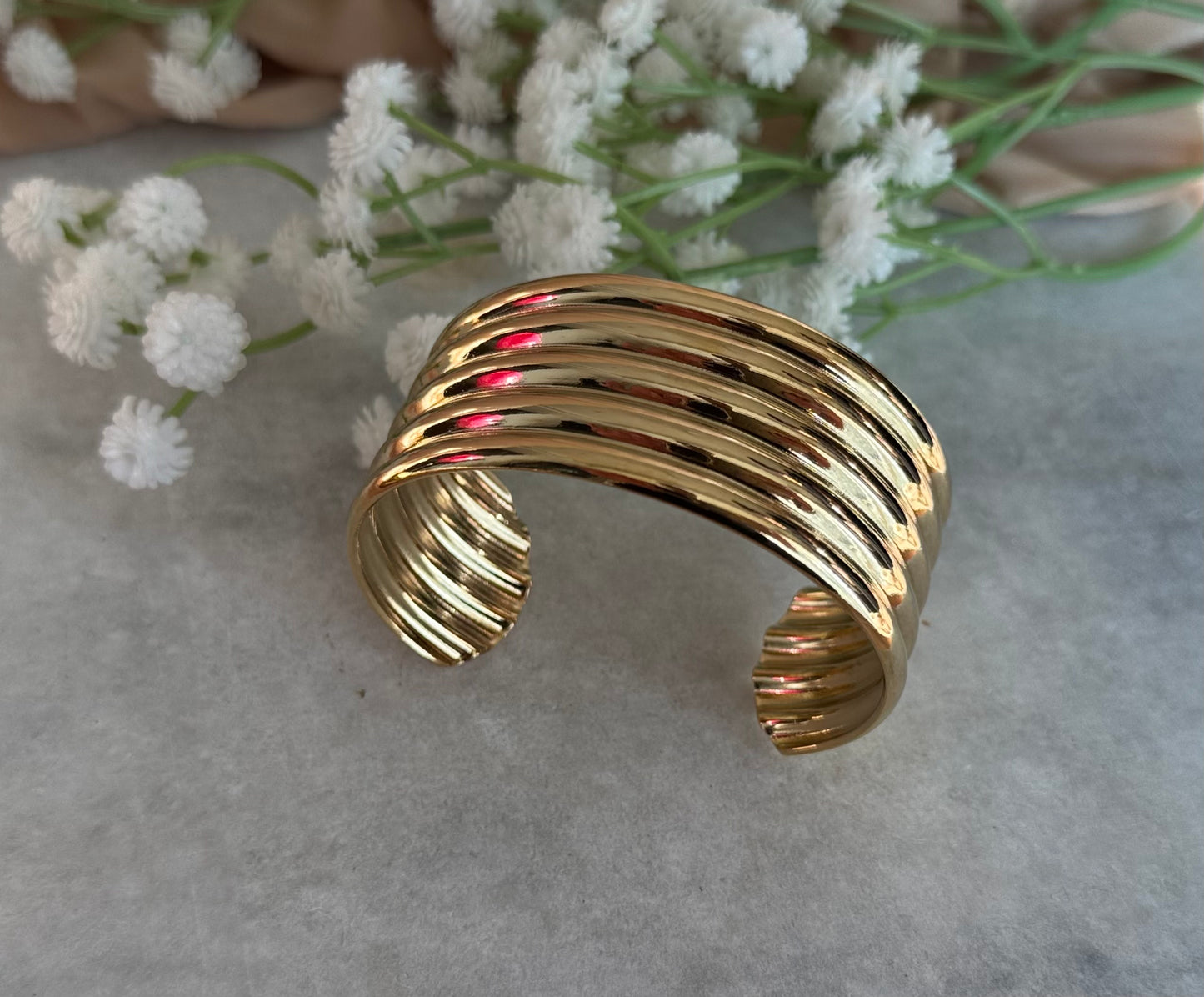 Gold Ribbed Cuff Bracelet – Bold Multi-Band Design
