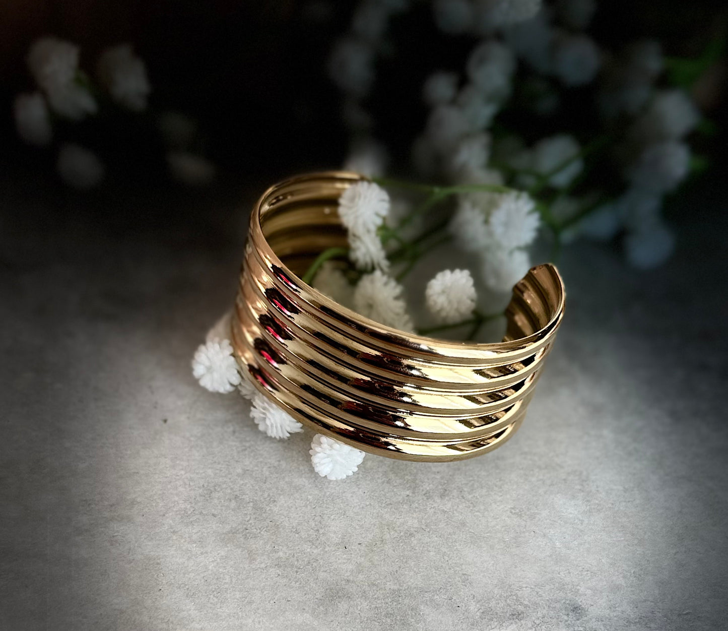 Gold Ribbed Cuff Bracelet – Bold Multi-Band Design