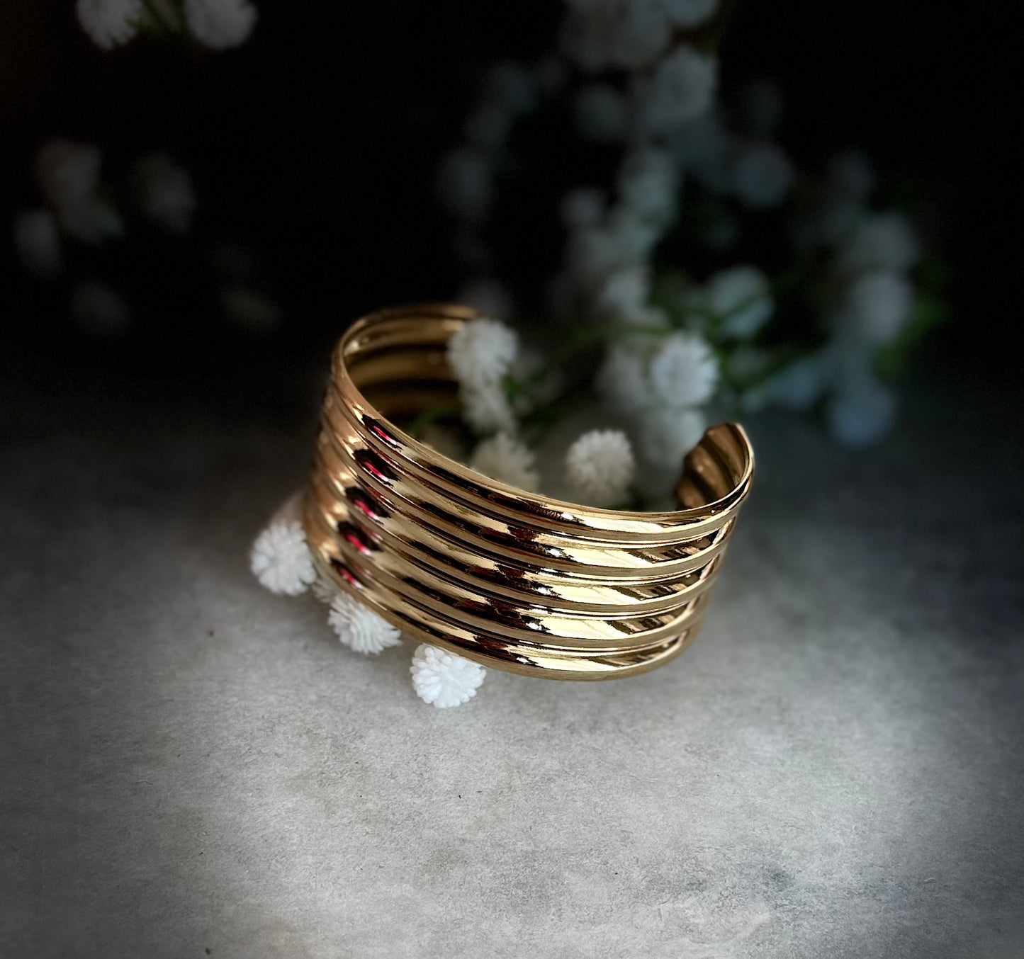Gold Ribbed Cuff Bracelet – Bold Multi-Band Design