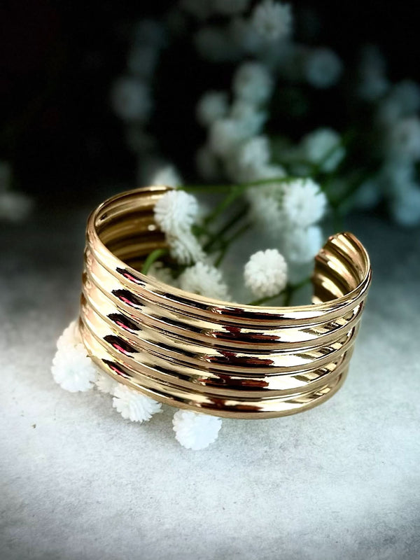 Gold Ribbed Cuff Bracelet – Bold Multi-Band Design