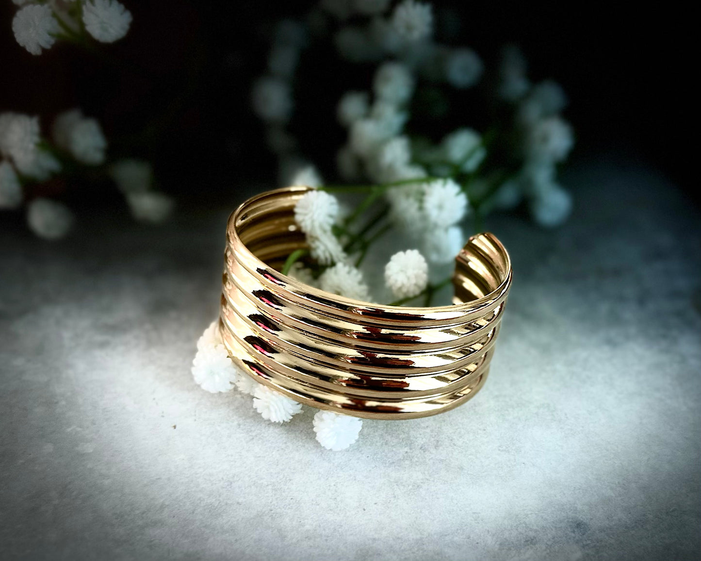 Gold Ribbed Cuff Bracelet – Bold Multi-Band Design
