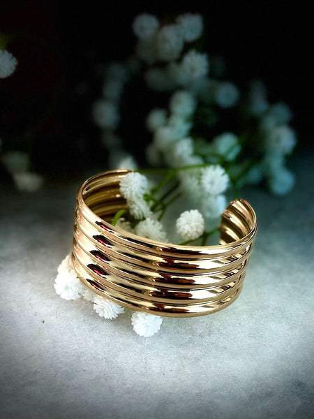 Gold Ribbed Cuff Bracelet – Bold Multi-Band Design